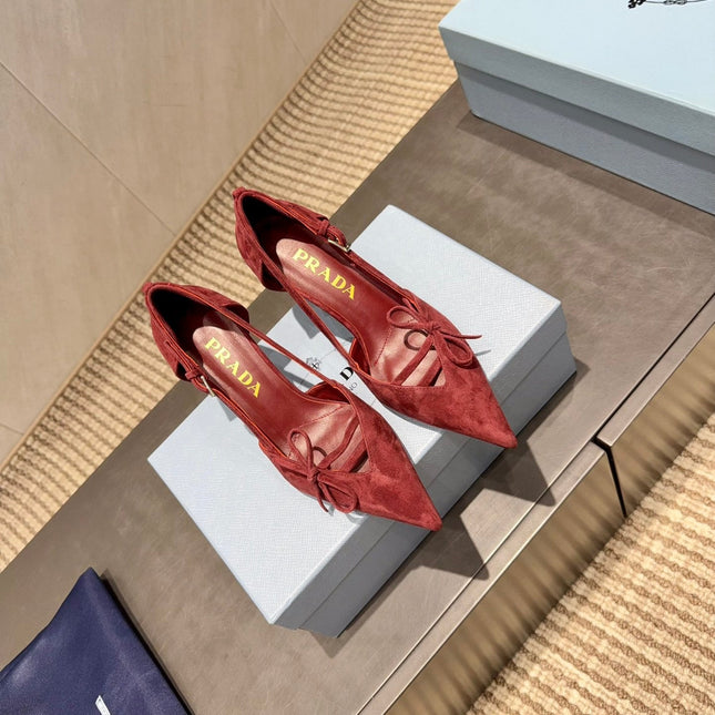 PRADA 26S POINTED TOE CUT OUT HIGH HEELS 75MM IN BURGUNDY RED SUEDE WITH BOW