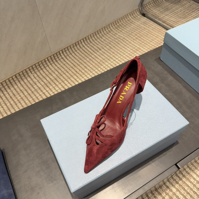 PRADA 26S POINTED TOE CUT OUT HIGH HEELS 75MM IN BURGUNDY RED SUEDE WITH BOW