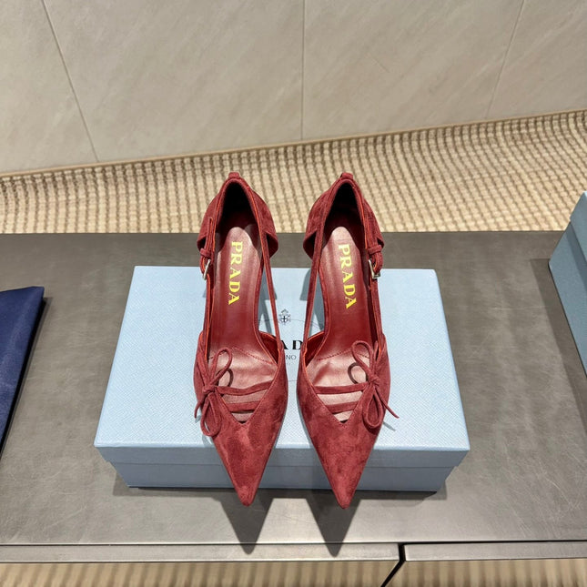 PRADA 26S POINTED TOE CUT OUT HIGH HEELS 75MM IN BURGUNDY RED SUEDE WITH BOW