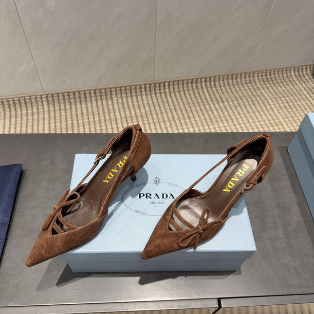 PRADA 26S POINTED TOE CUT OUT HIGH HEELS 75MM IN DARK BROWN SUEDE WITH BOW