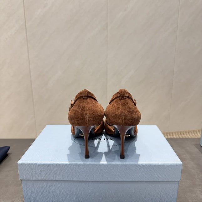 PRADA 26S POINTED TOE CUT OUT HIGH HEELS 75MM IN DARK BROWN SUEDE WITH BOW