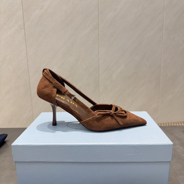 PRADA 26S POINTED TOE CUT OUT HIGH HEELS 75MM IN DARK BROWN SUEDE WITH BOW