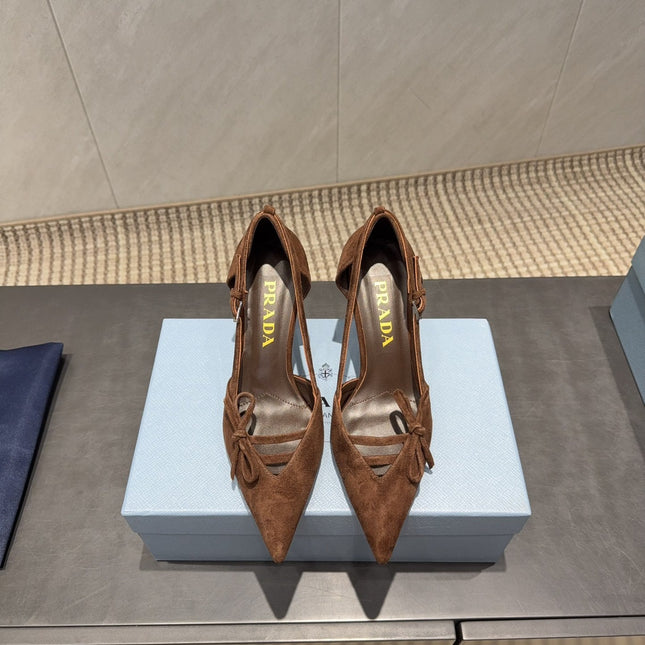 PRADA 26S POINTED TOE CUT OUT HIGH HEELS 75MM IN DARK BROWN SUEDE WITH BOW