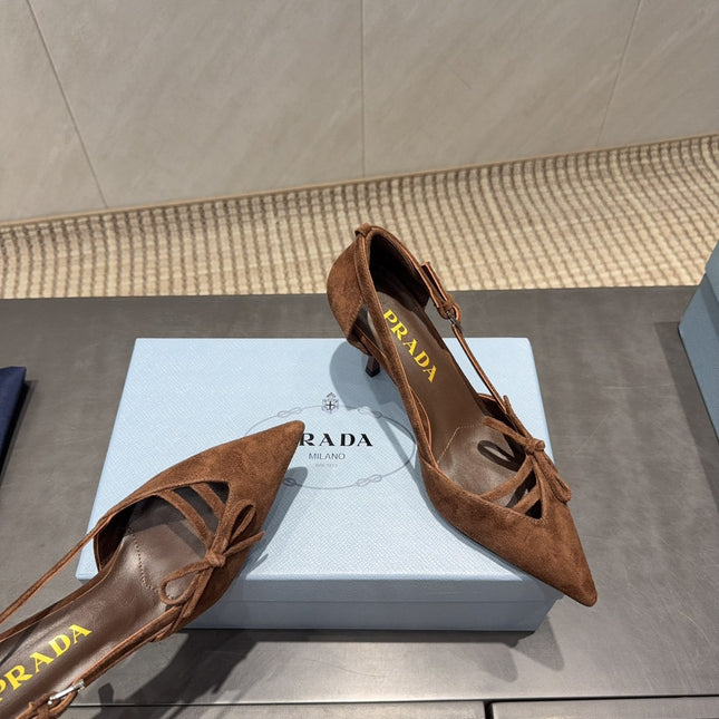 PRADA 26S POINTED TOE CUT OUT HIGH HEELS 75MM IN DARK BROWN SUEDE WITH BOW