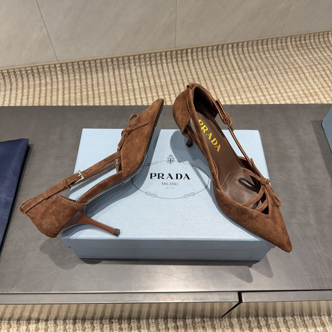 PRADA 26S POINTED TOE CUT OUT HIGH HEELS 75MM IN DARK BROWN SUEDE WITH BOW