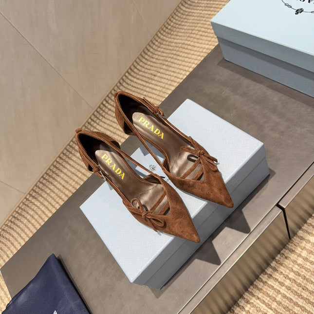 PRADA 26S POINTED TOE CUT OUT HIGH HEELS 75MM IN DARK BROWN SUEDE WITH BOW