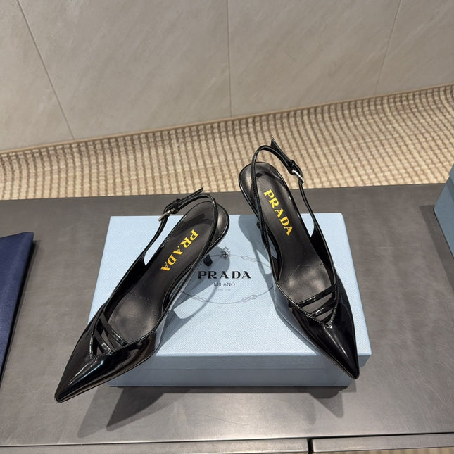 PRADA 26S POINTED TOE SLINGBACK HIGH HEELS 75MM IN BLACK CALFSKIN