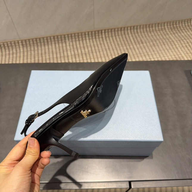 PRADA 26S POINTED TOE SLINGBACK HIGH HEELS 75MM IN BLACK CALFSKIN