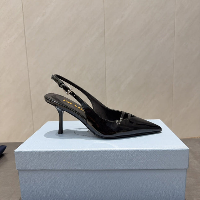 PRADA 26S POINTED TOE SLINGBACK HIGH HEELS 75MM IN BLACK CALFSKIN
