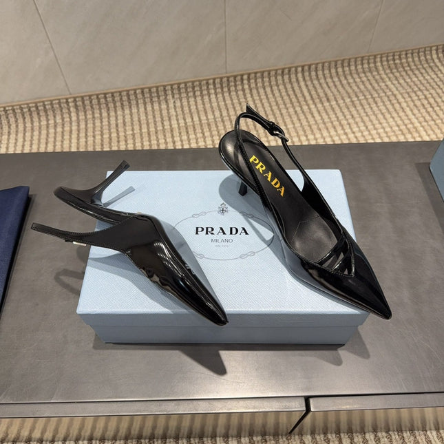 PRADA 26S POINTED TOE SLINGBACK HIGH HEELS 75MM IN BLACK CALFSKIN