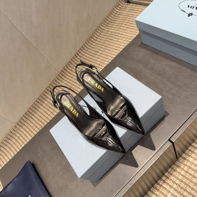 PRADA 26S POINTED TOE SLINGBACK HIGH HEELS 75MM IN BLACK CALFSKIN