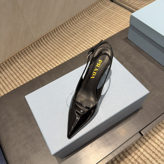 PRADA 26S POINTED TOE SLINGBACK HIGH HEELS 75MM IN BLACK CALFSKIN