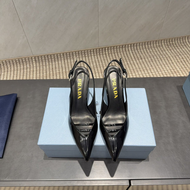 PRADA 26S POINTED TOE SLINGBACK HIGH HEELS 75MM IN BLACK CALFSKIN