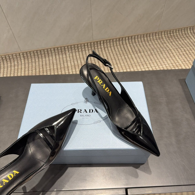 PRADA 26S POINTED TOE SLINGBACK HIGH HEELS 75MM IN BLACK CALFSKIN