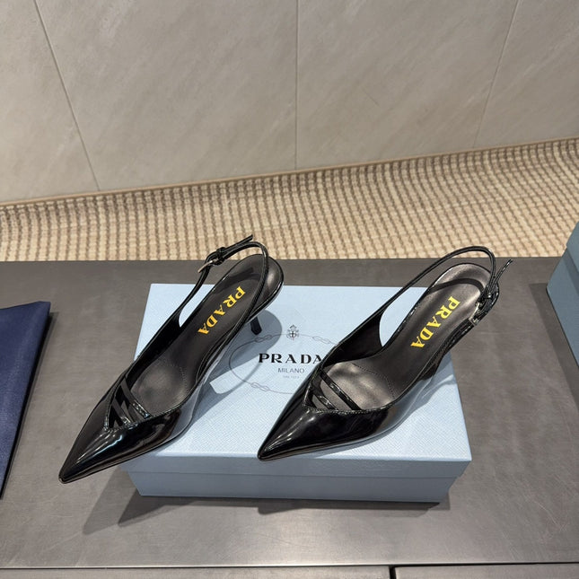 PRADA 26S POINTED TOE SLINGBACK HIGH HEELS 75MM IN BLACK CALFSKIN