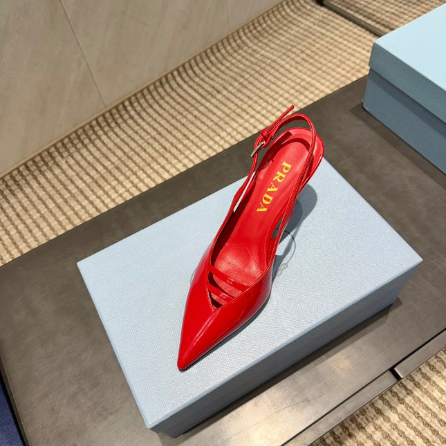 PRADA 26S POINTED TOE SLINGBACK HIGH HEELS 75MM IN BRIGHT RED CALFSKIN