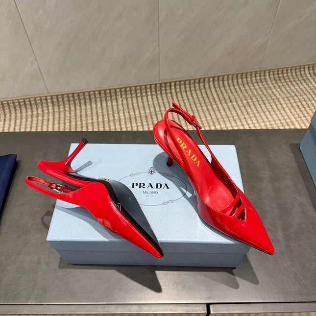 PRADA 26S POINTED TOE SLINGBACK HIGH HEELS 75MM IN BRIGHT RED CALFSKIN