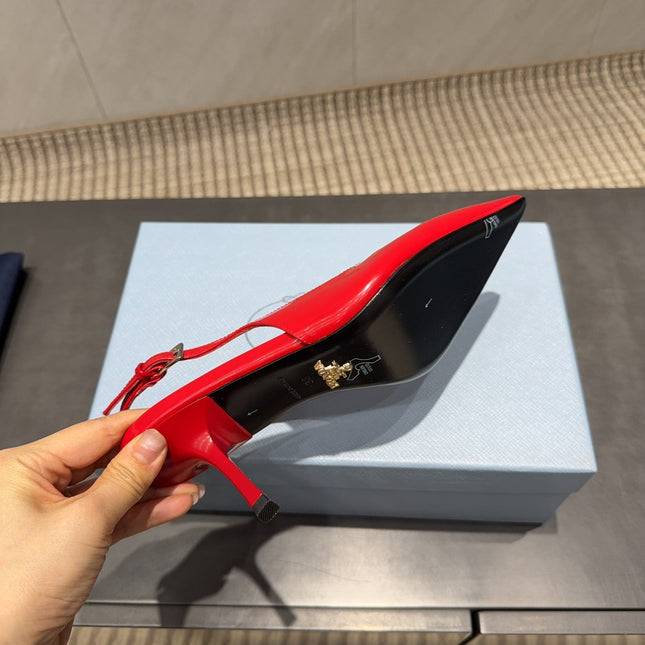 PRADA 26S POINTED TOE SLINGBACK HIGH HEELS 75MM IN BRIGHT RED CALFSKIN