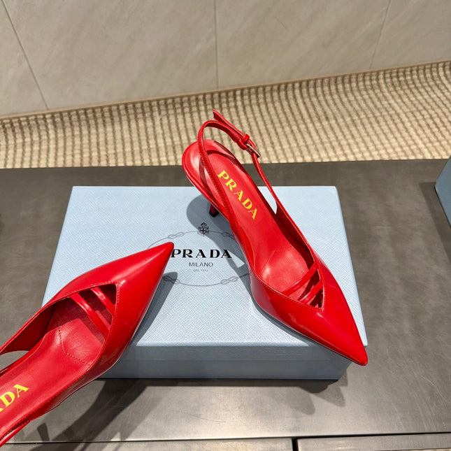 PRADA 26S POINTED TOE SLINGBACK HIGH HEELS 75MM IN BRIGHT RED CALFSKIN