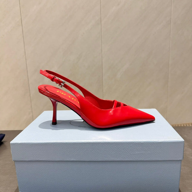 PRADA 26S POINTED TOE SLINGBACK HIGH HEELS 75MM IN BRIGHT RED CALFSKIN