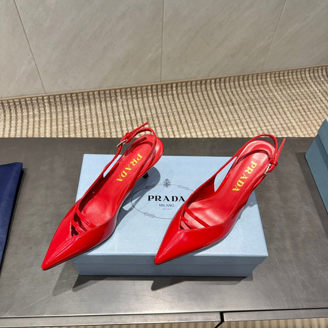 PRADA 26S POINTED TOE SLINGBACK HIGH HEELS 75MM IN BRIGHT RED CALFSKIN