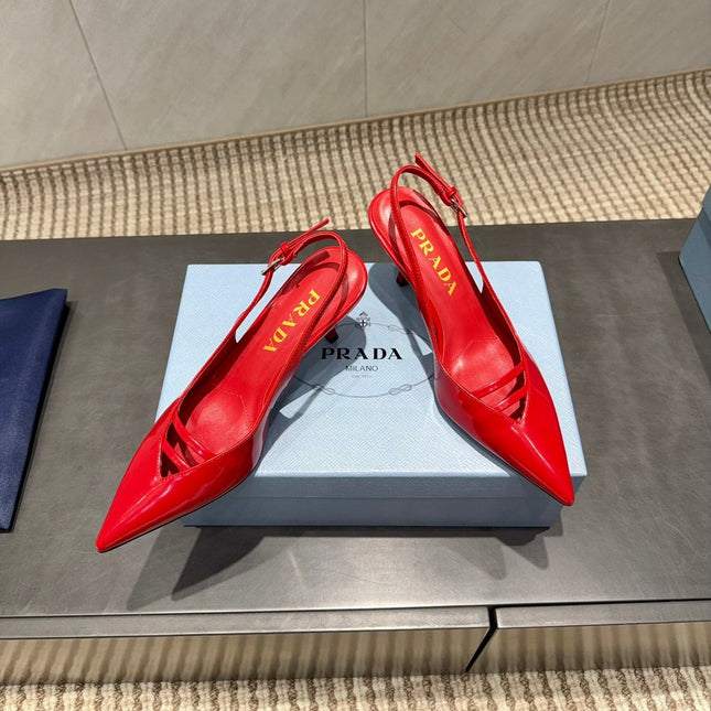 PRADA 26S POINTED TOE SLINGBACK HIGH HEELS 75MM IN BRIGHT RED CALFSKIN