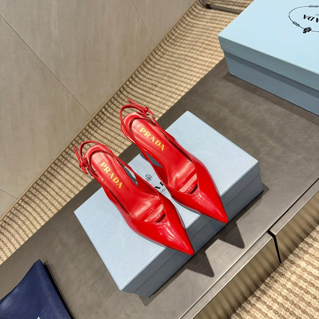 PRADA 26S POINTED TOE SLINGBACK HIGH HEELS 75MM IN BRIGHT RED CALFSKIN