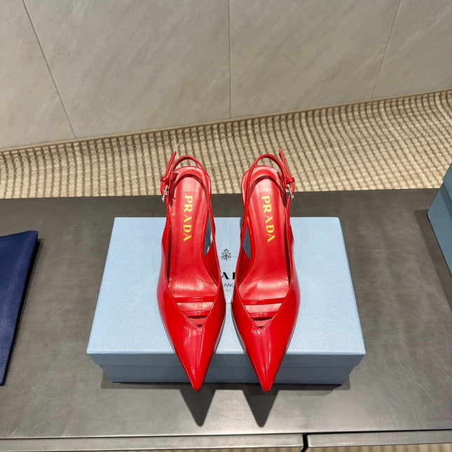 PRADA 26S POINTED TOE SLINGBACK HIGH HEELS 75MM IN BRIGHT RED CALFSKIN
