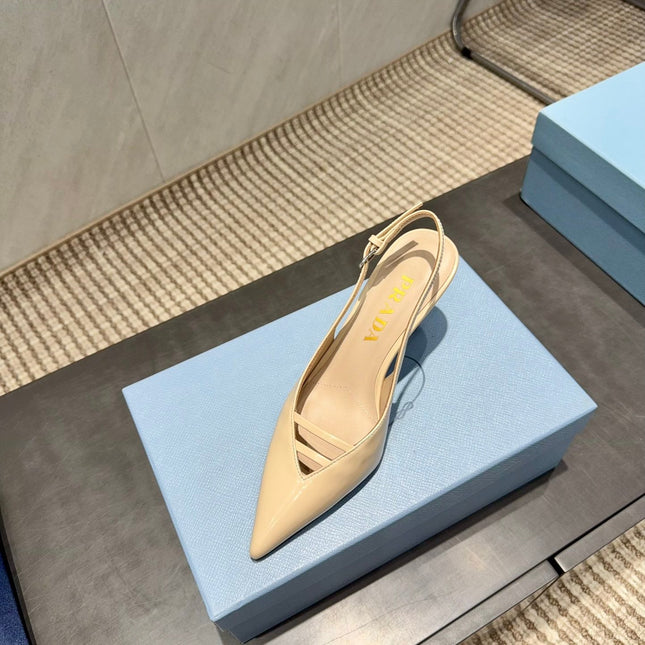 PRADA 26S POINTED TOE SLINGBACK HIGH HEELS 75MM IN BEIGE CALFSKIN
