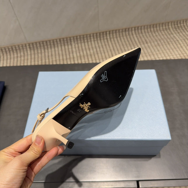 PRADA 26S POINTED TOE SLINGBACK HIGH HEELS 75MM IN BEIGE CALFSKIN