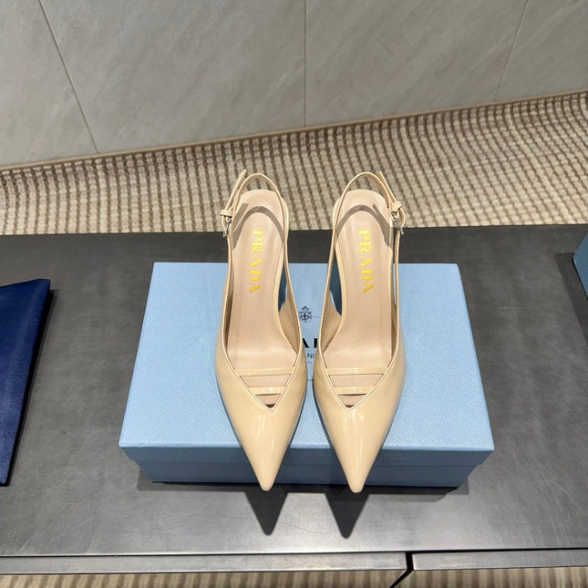 PRADA 26S POINTED TOE SLINGBACK HIGH HEELS 75MM IN BEIGE CALFSKIN