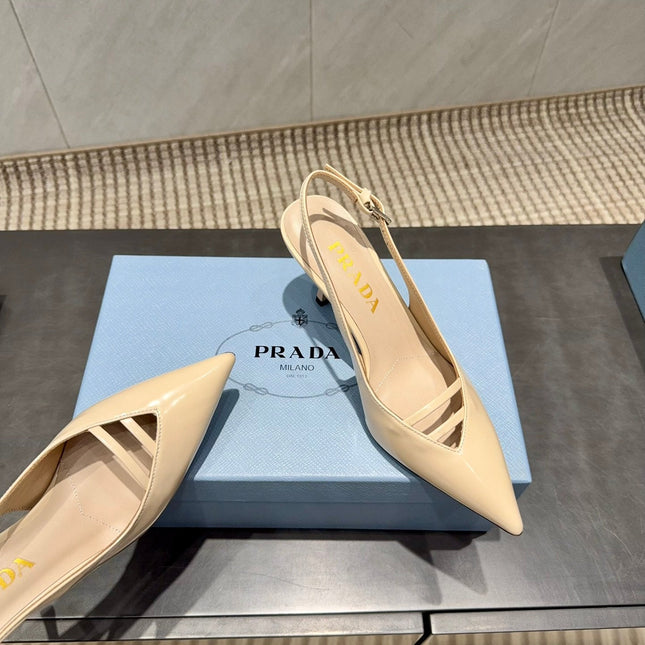 PRADA 26S POINTED TOE SLINGBACK HIGH HEELS 75MM IN BEIGE CALFSKIN