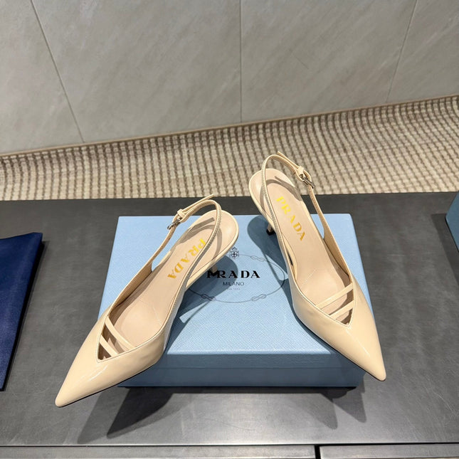 PRADA 26S POINTED TOE SLINGBACK HIGH HEELS 75MM IN BEIGE CALFSKIN