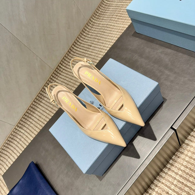 PRADA 26S POINTED TOE SLINGBACK HIGH HEELS 75MM IN BEIGE CALFSKIN
