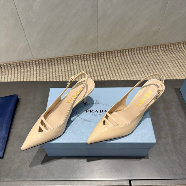 PRADA 26S POINTED TOE SLINGBACK HIGH HEELS 75MM IN BEIGE CALFSKIN