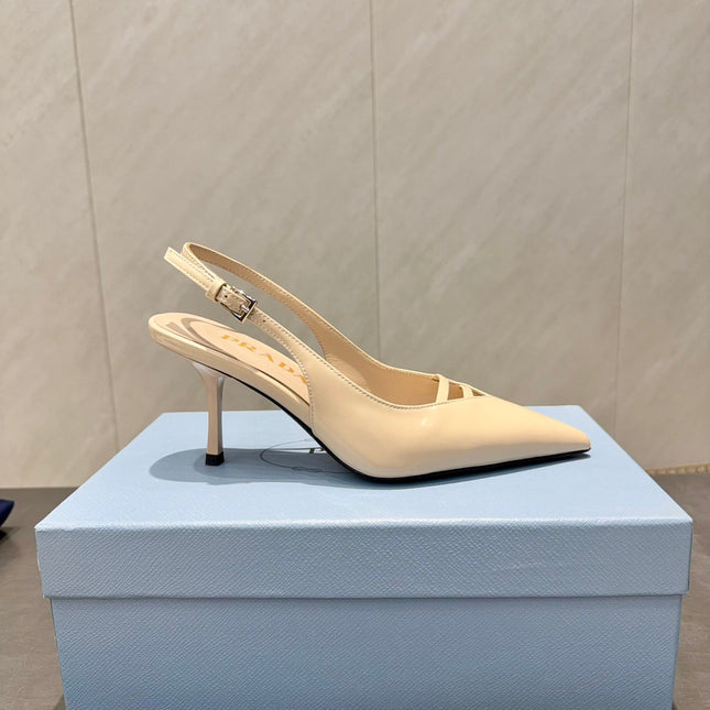 PRADA 26S POINTED TOE SLINGBACK HIGH HEELS 75MM IN BEIGE CALFSKIN