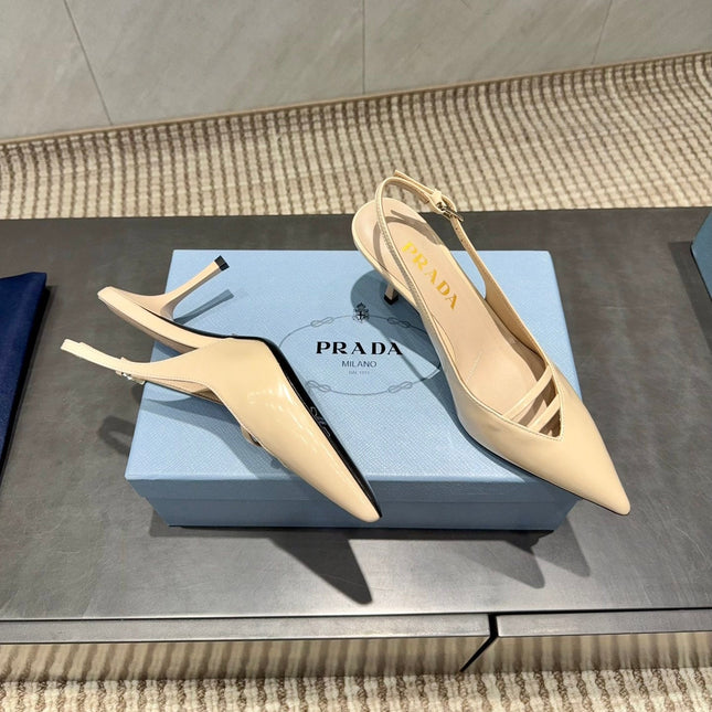 PRADA 26S POINTED TOE SLINGBACK HIGH HEELS 75MM IN BEIGE CALFSKIN