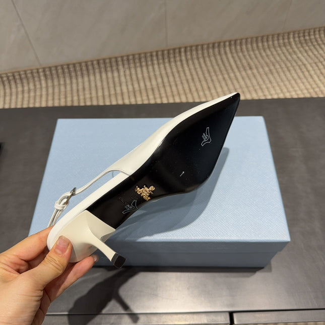 PRADA 26S POINTED TOE SLINGBACK HIGH HEELS 75MM IN WHITE CALFSKIN