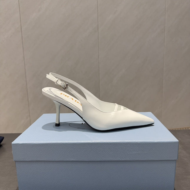 PRADA 26S POINTED TOE SLINGBACK HIGH HEELS 75MM IN WHITE CALFSKIN