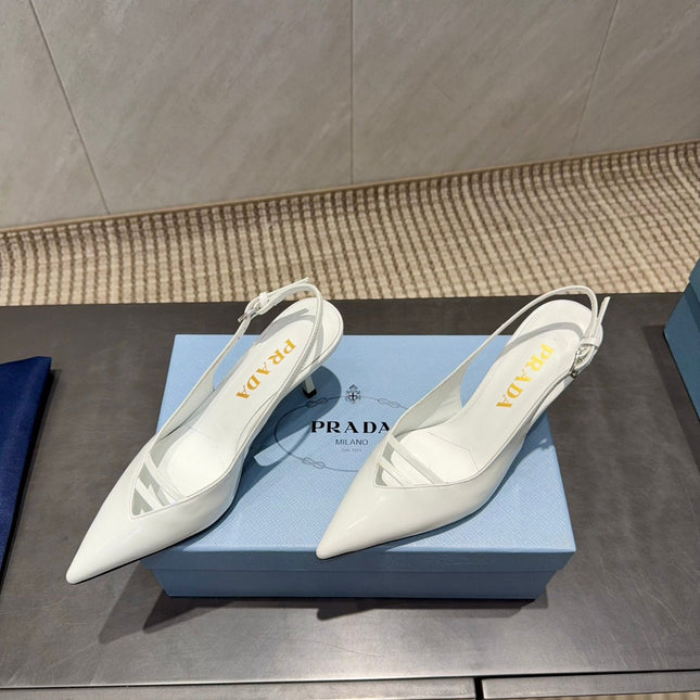 PRADA 26S POINTED TOE SLINGBACK HIGH HEELS 75MM IN WHITE CALFSKIN