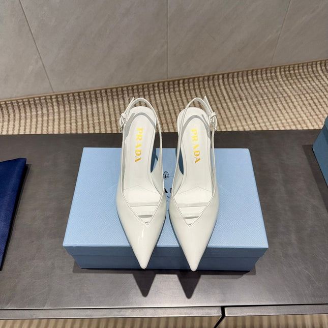 PRADA 26S POINTED TOE SLINGBACK HIGH HEELS 75MM IN WHITE CALFSKIN