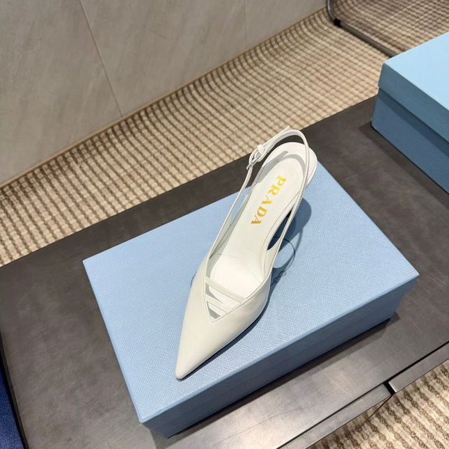 PRADA 26S POINTED TOE SLINGBACK HIGH HEELS 75MM IN WHITE CALFSKIN