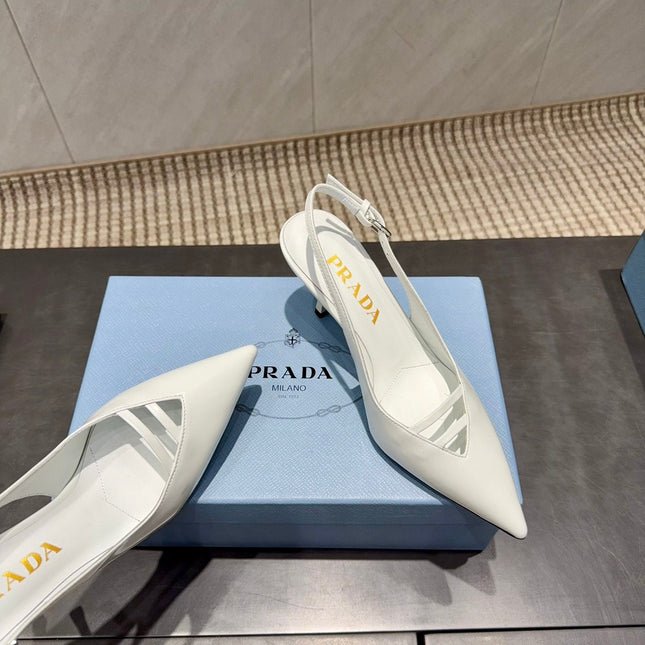 PRADA 26S POINTED TOE SLINGBACK HIGH HEELS 75MM IN WHITE CALFSKIN