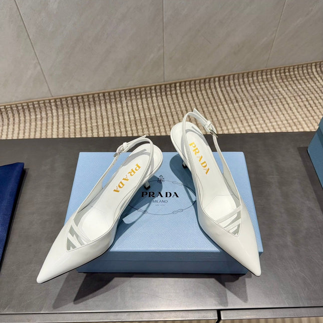 PRADA 26S POINTED TOE SLINGBACK HIGH HEELS 75MM IN WHITE CALFSKIN