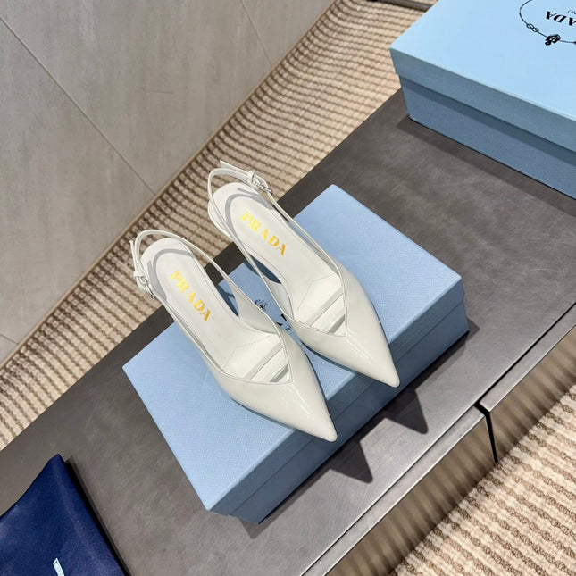 PRADA 26S POINTED TOE SLINGBACK HIGH HEELS 75MM IN WHITE CALFSKIN