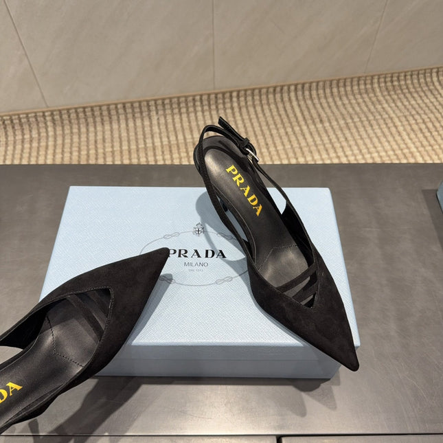 PRADA 26S POINTED TOE SLINGBACK HIGH HEELS 75MM IN BLACK SUEDE