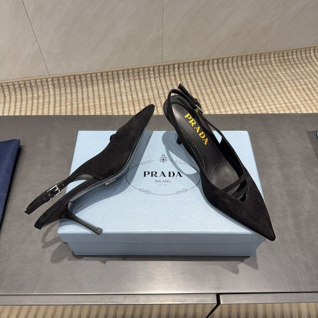 PRADA 26S POINTED TOE SLINGBACK HIGH HEELS 75MM IN BLACK SUEDE