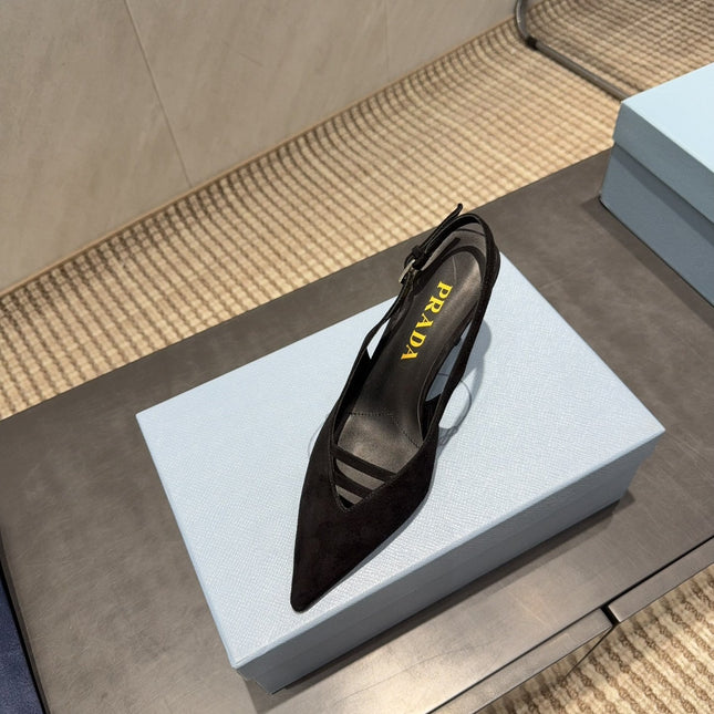 PRADA 26S POINTED TOE SLINGBACK HIGH HEELS 75MM IN BLACK SUEDE