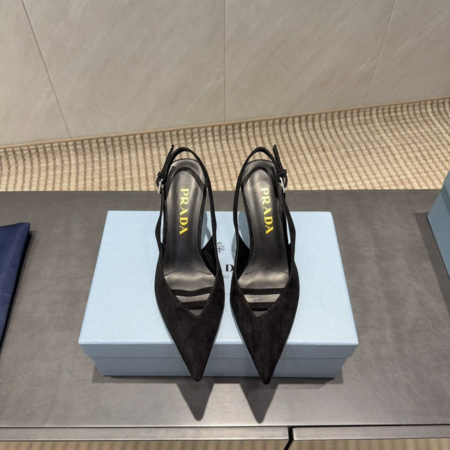 PRADA 26S POINTED TOE SLINGBACK HIGH HEELS 75MM IN BLACK SUEDE