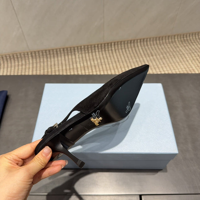 PRADA 26S POINTED TOE SLINGBACK HIGH HEELS 75MM IN BLACK SUEDE